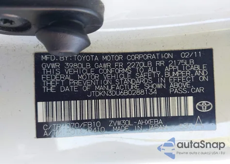 2011 Toyota Prius Two z USA, uszkodzony, nr VIN JTDKN3DU6B0288134